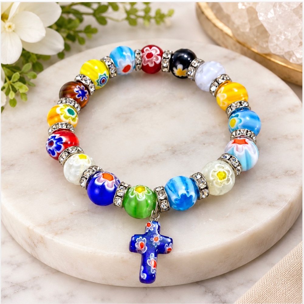 Colorful Agate Flower🌸 Beaded Stretch Bracelet Crystal Zircon Cross Millefiori